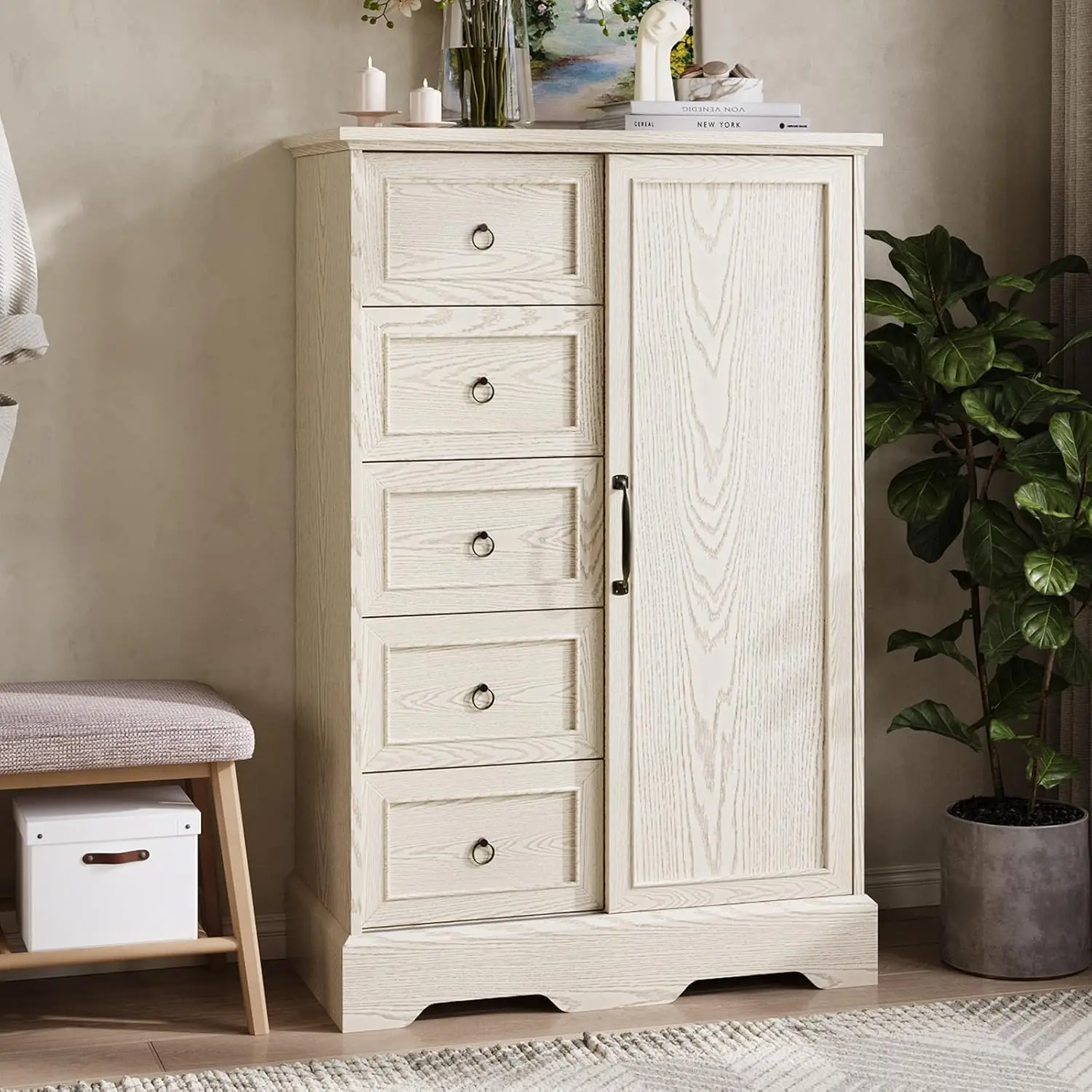 

Farmhouse Dresser Storage Cabinet With 5 Drawers and Sliding Barn Door - 48" Tall Wood Rustic Chest for Bedroom, Living