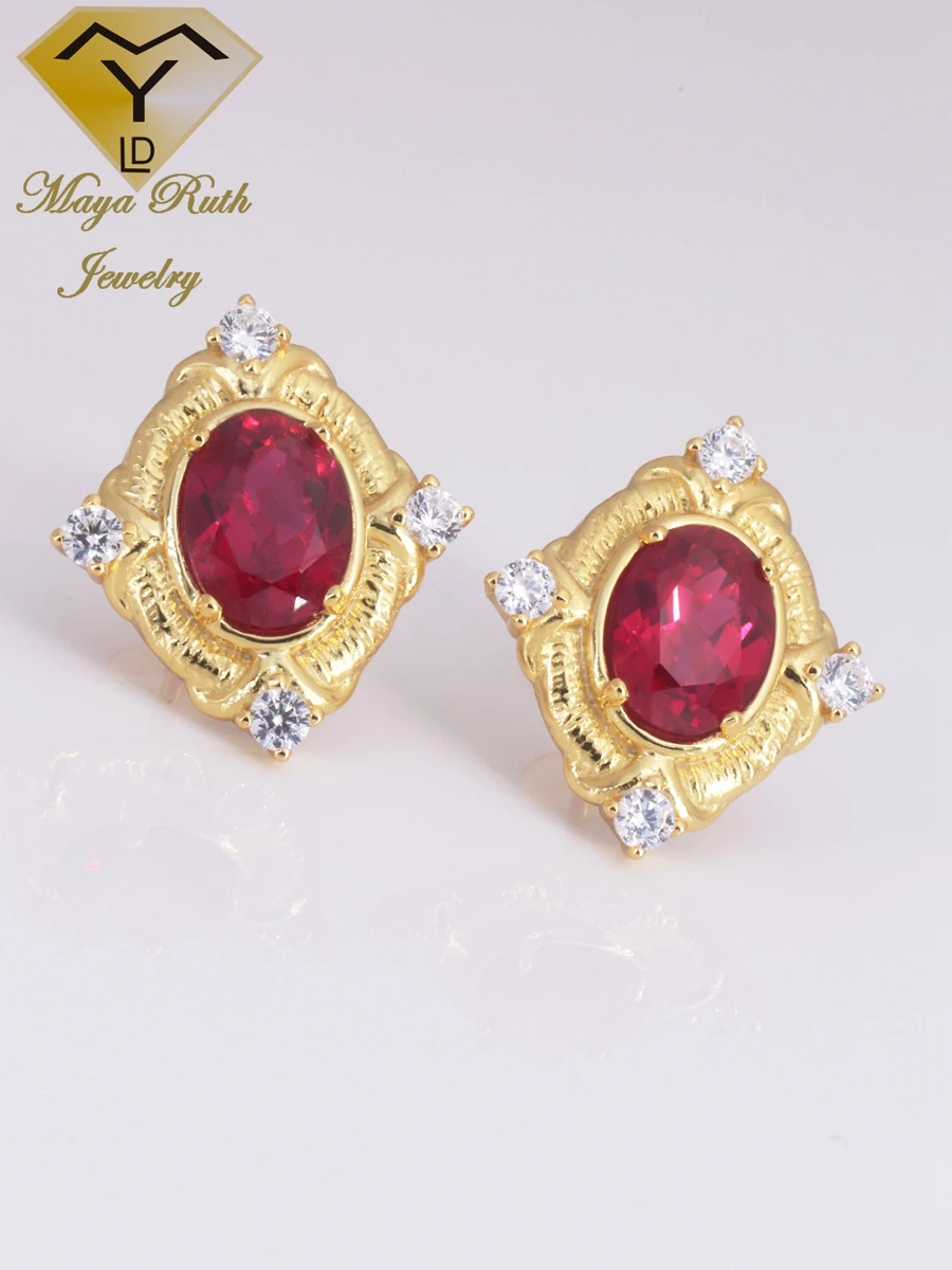 Imagem -04 - Created Ruby 925 Sterling Silver Gold Plating Brincos Designer para Mulheres Estilo Vintage Itália Retro Gemstone Red Halo Jewelry Lab