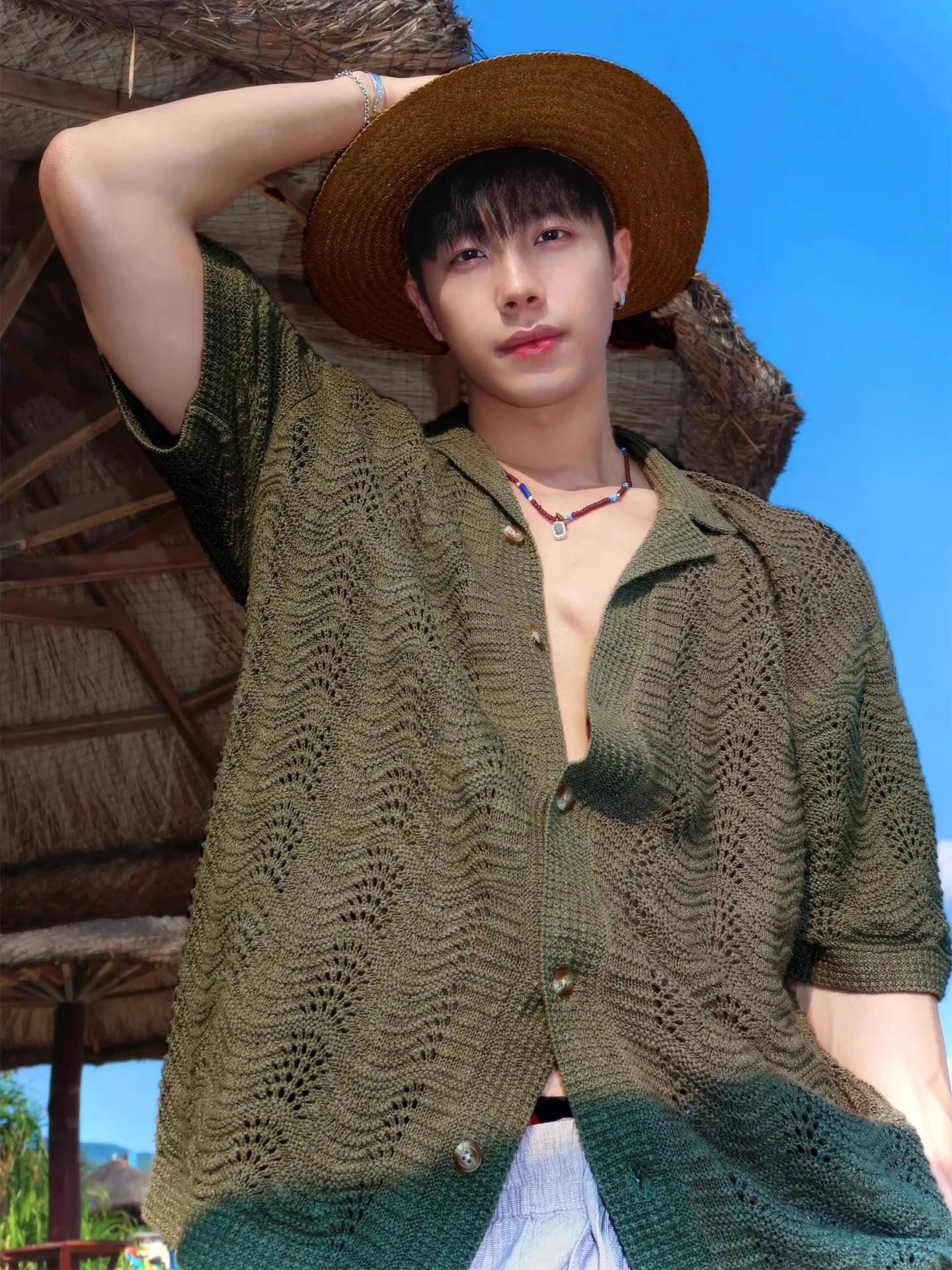 Cuban Collar Knitted Hollow out Short Sleeve Shirt Men's Summer Hawaiian Beach Vacation Loose Fit Casual Style Breathable