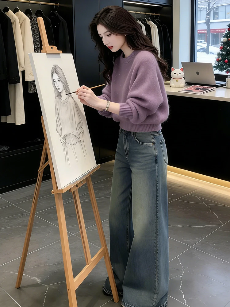 

Мягкий фиолетовый вязаный свитер для женщин, свободный крой, зимний, модный, в стиле кэжуал, удобный, дышащий