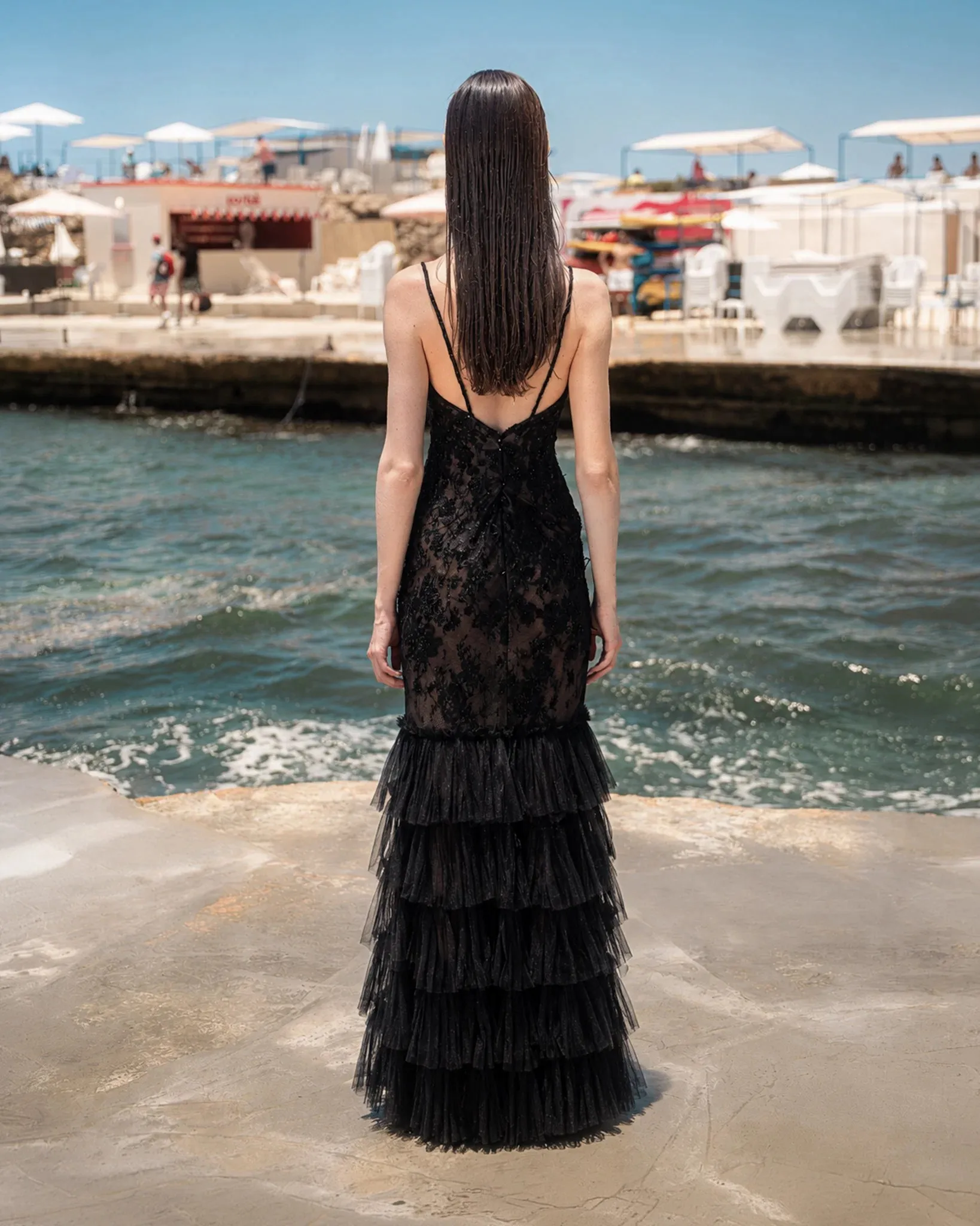 Black Elegant Paty Dresses Lace Spaghetti Strap Beaded Corset Tiered Tulle Ruffle Gothic Fairy Haute Couture Evening Dresses