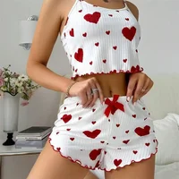 Ensemble pyjama pour femmes, 5 tailles au choix, S M L XL 2XL, bretelles, vêtements de nuit, gilet + short, imprimé cœur rouge, Lingerie Sexy 3