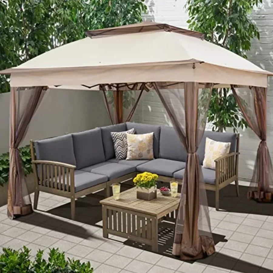 11'x11' Pop Up Gazebo for Patios  Tent with Sidewalls Outdoor Gazebo with Mosquito Netting Pop Up  Shelter Wedding Tent Beige