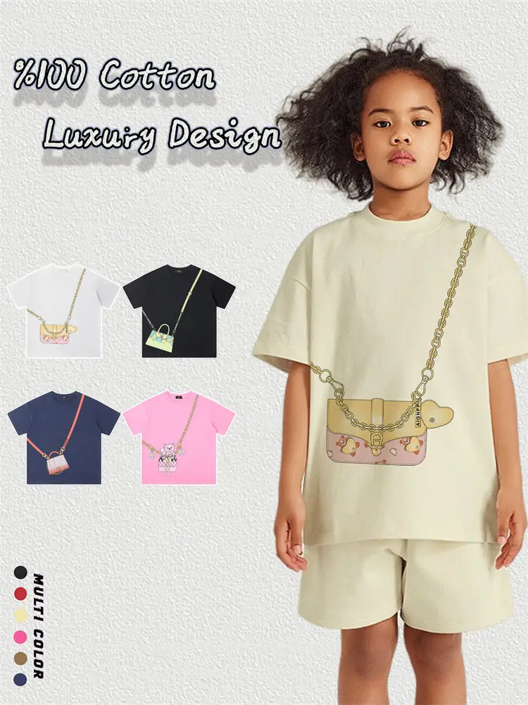 

Cute Fun Prints Child T-shirt Girls Summer Clothes 2025 Casual Street Kids Short sleeve Fashion Heart Bear Bag Print Tees Cotton