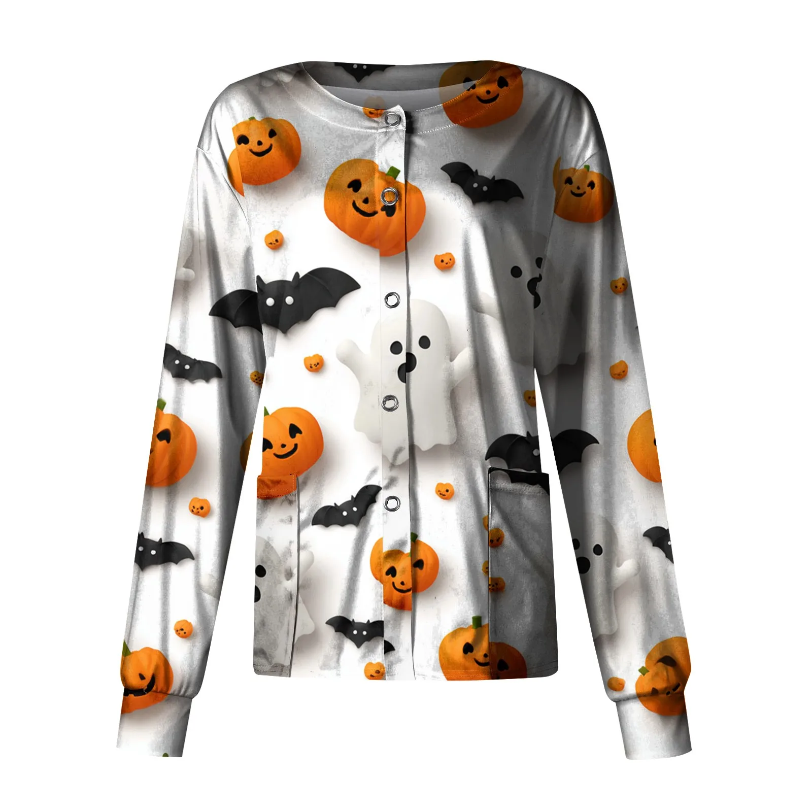 

2025 Halloween Theme Women's Nurse Uniform Cartoon Printing Surgical Uniform Doctor's Clinic Dental Working Cardigan
