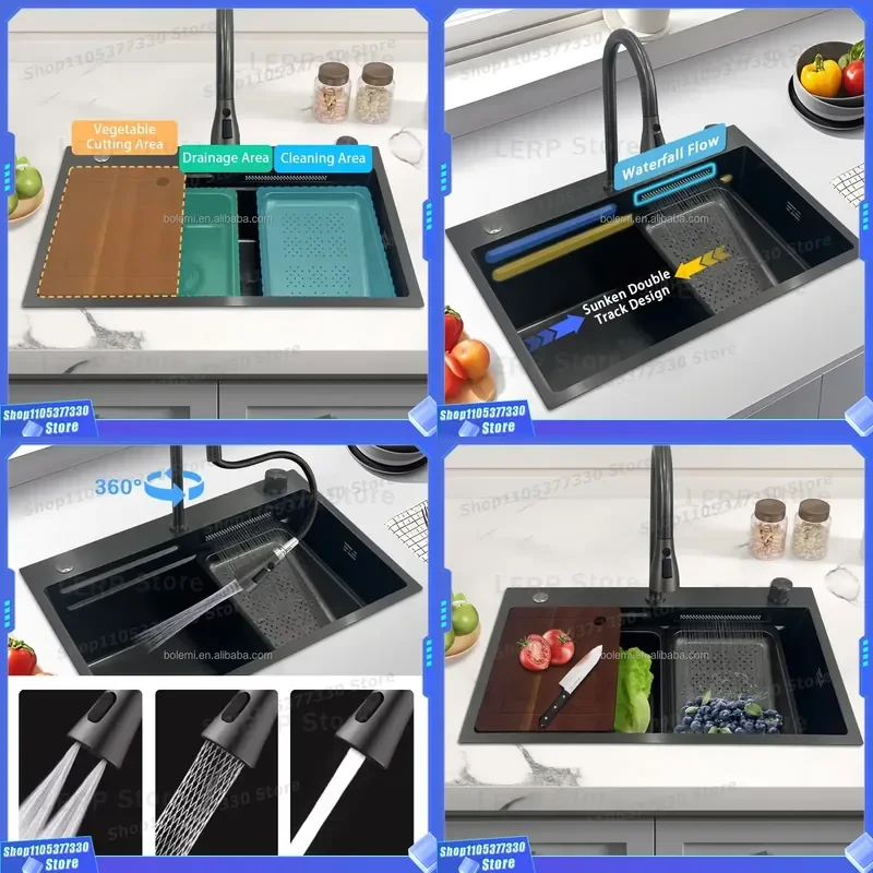 Feiyu 29 Inch SUS304 Stainless Steel Kitchen Sink Handmade Three Bowl Modern Waterfall Faucet Smart Multifunctional