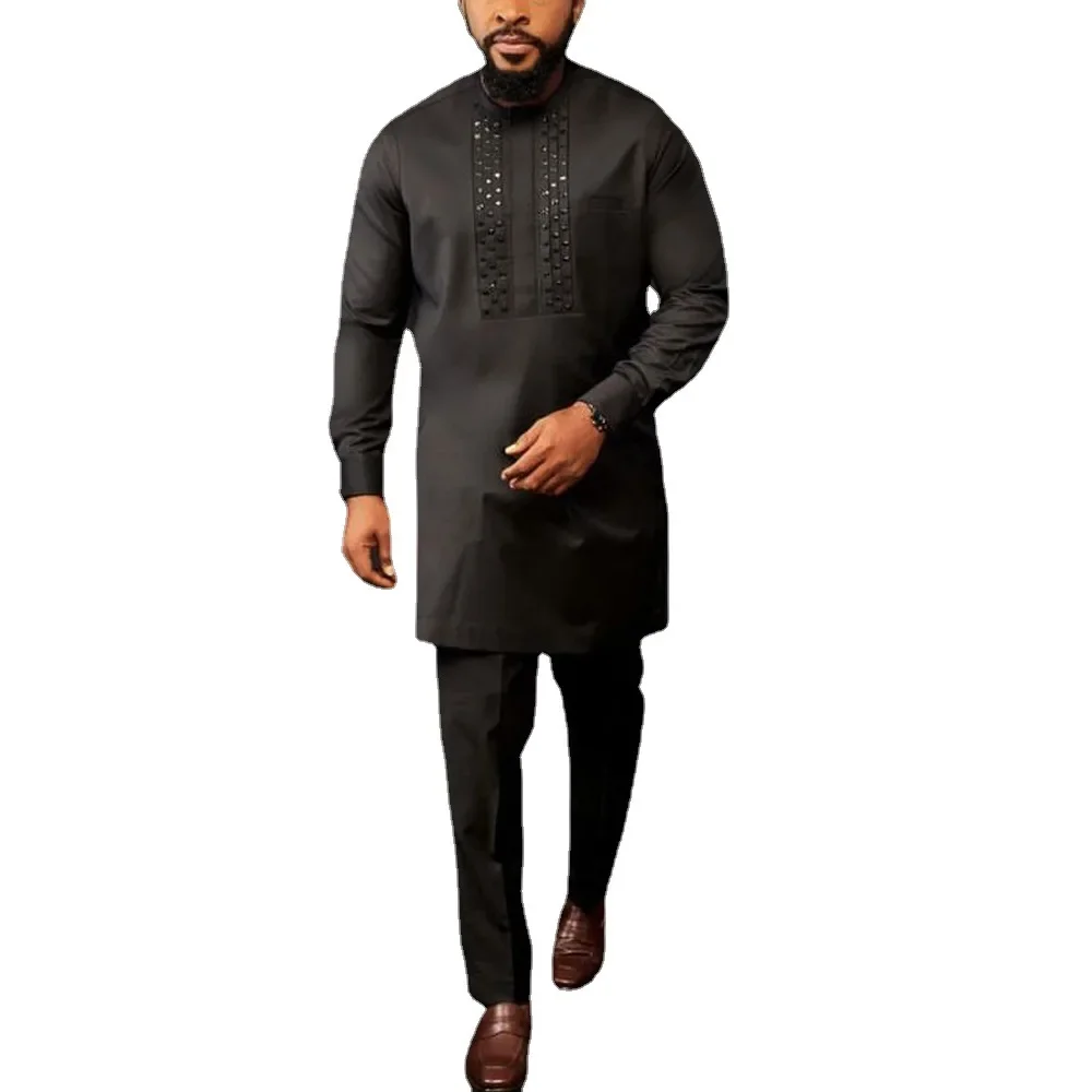 Wysokiej jakości męska koszula ozdobiona kryształkami, garnitur z okrągłym dekoltem w stylu etnicznym Arabian Dubai Abaya Middle East Men Casual Suit