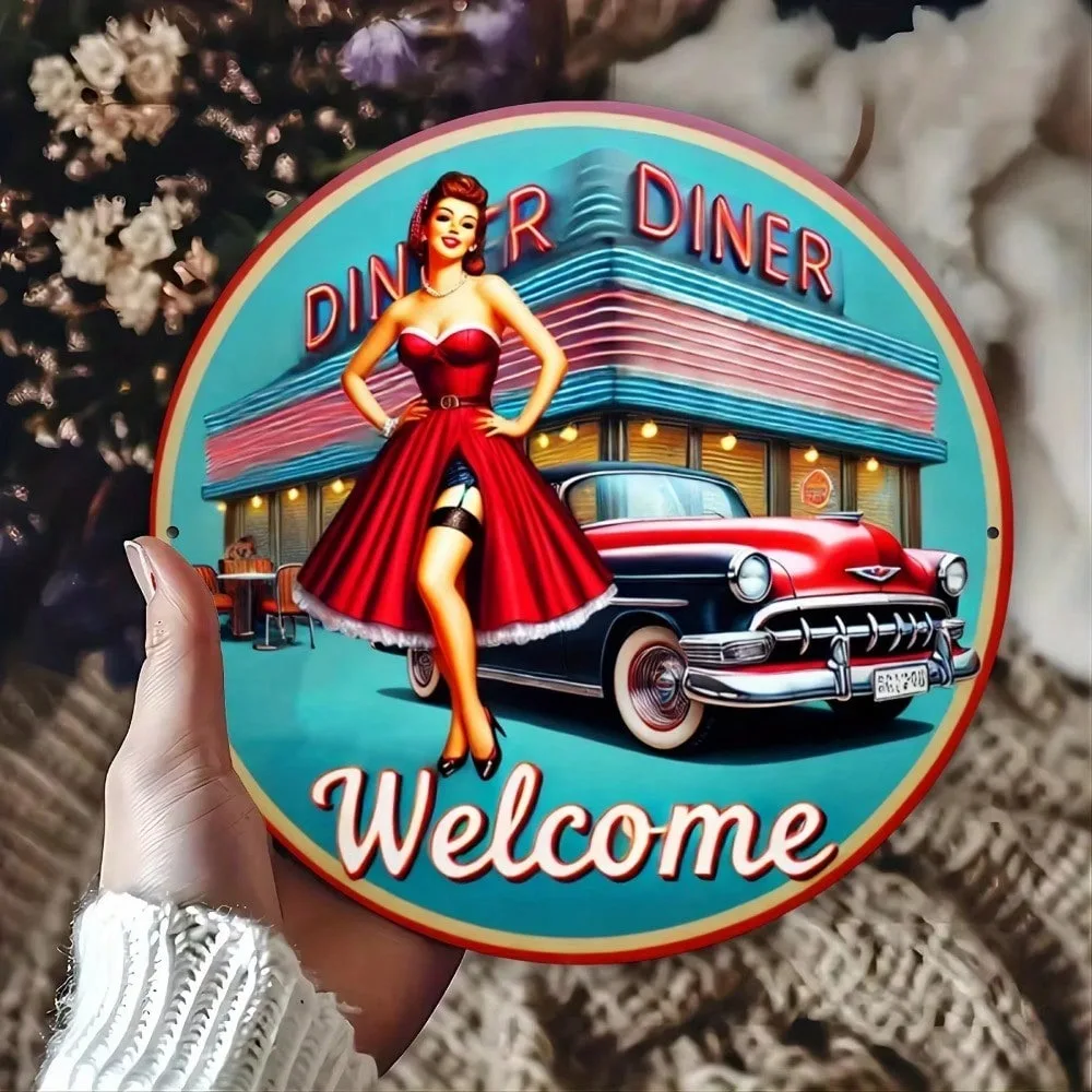 Letrero redondo American Diner – ¡Decoración de restaurante retro de 1 pieza! Con coche rojo y camarera, ideal para el hogar, arte de pared vintage