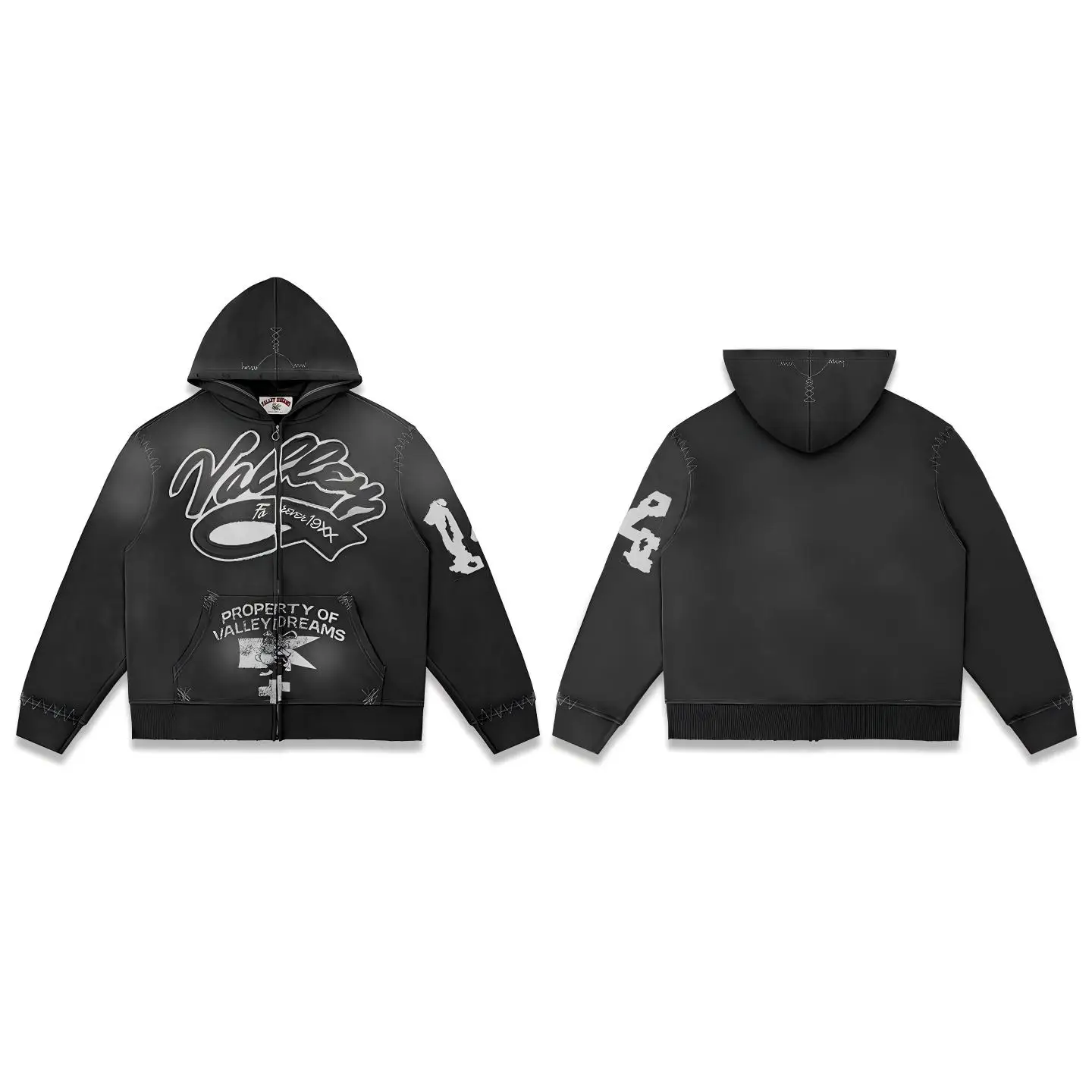 VALE FOREVER VALLEY Vintage Skull Print Washed Hooded Zip Jacket, High Street Casual Coa