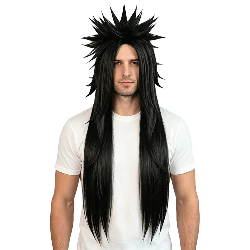 Halloween Men's Cosplay Wig 95cm Uchiha Madara Black Spiky Long Wig Heat Resistant Synthetic For Carnival Party Comic Con Use