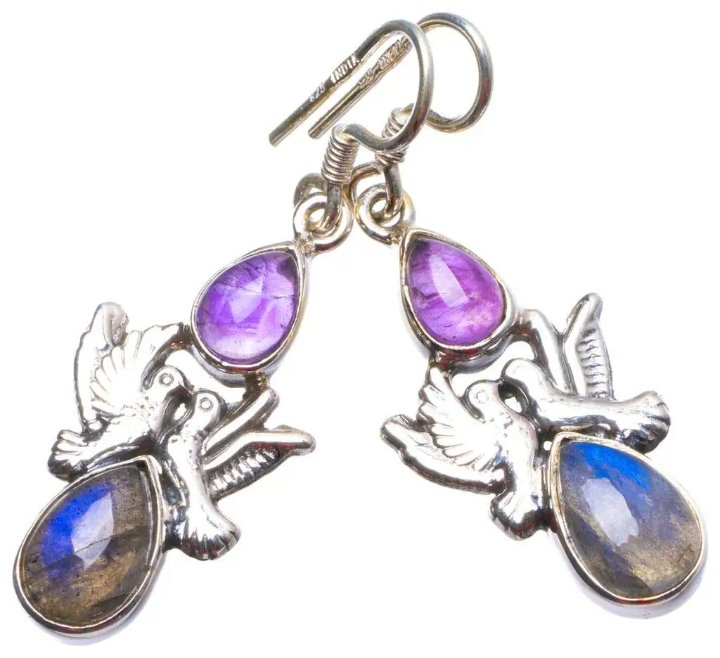 

StarGems® Natural Blue Fire Labradorite and Amethyst Unique Pigeon Shape 925 Sterling Silver Earrings 1.5" X3607