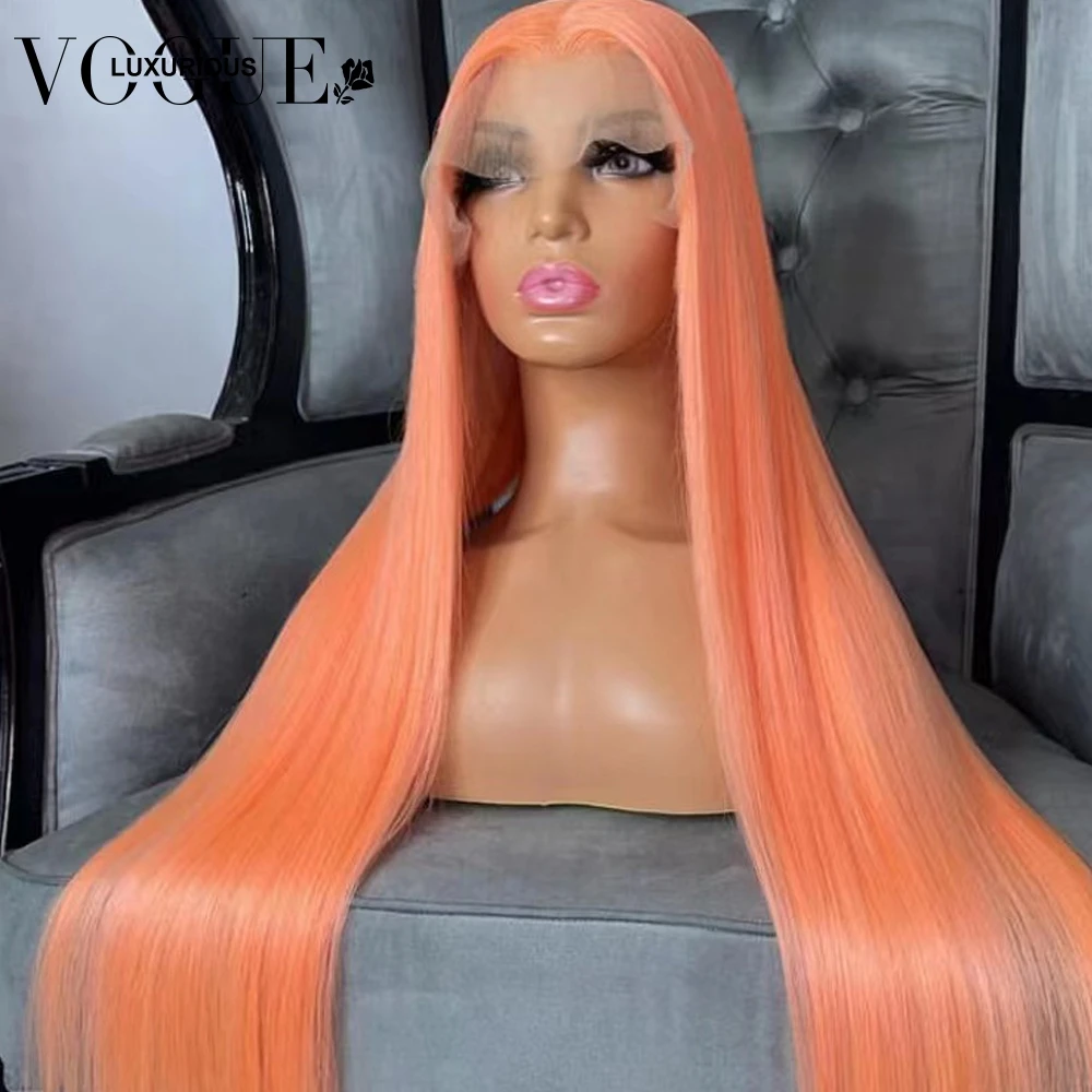 Peluca de cabello humano virgen brasileño prearrancado, pelo ondulado suelto, Color naranja claro, encaje frontal transparente, liso y sedoso, 13x4