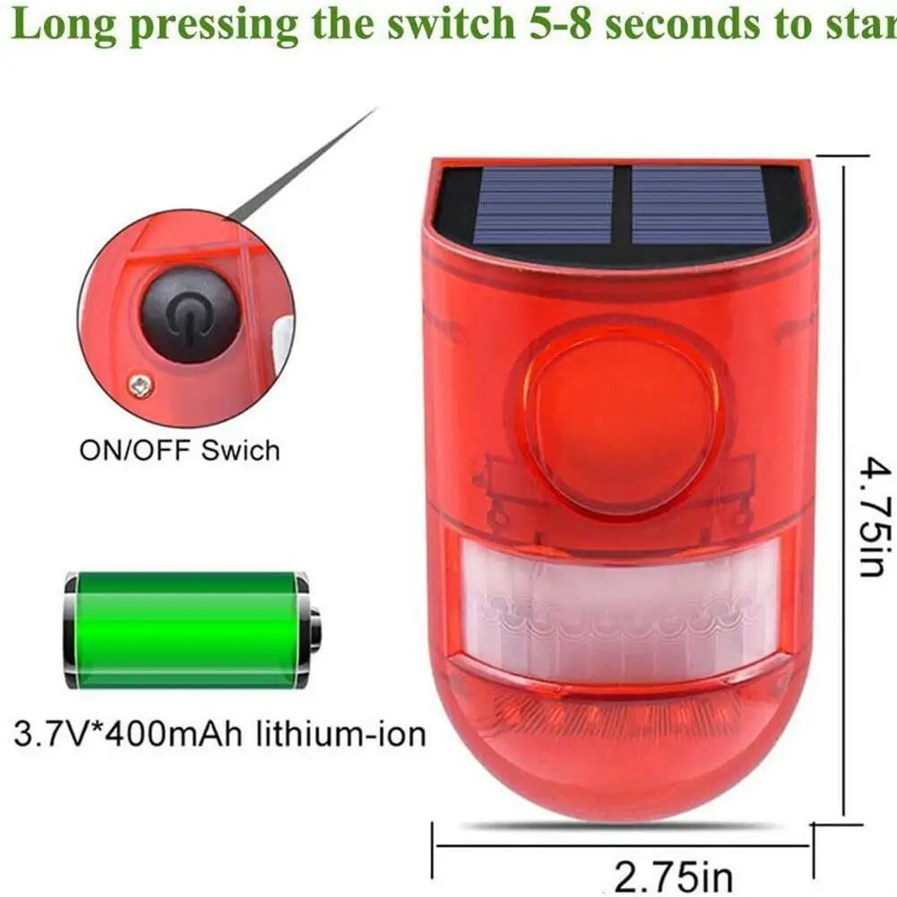 Solar Sound Light Alarme com sensor de movimento, sirene Sound Alert, LED Flash Warning Strobe, alarme de segurança para fazenda e Villa, 110 decibéis