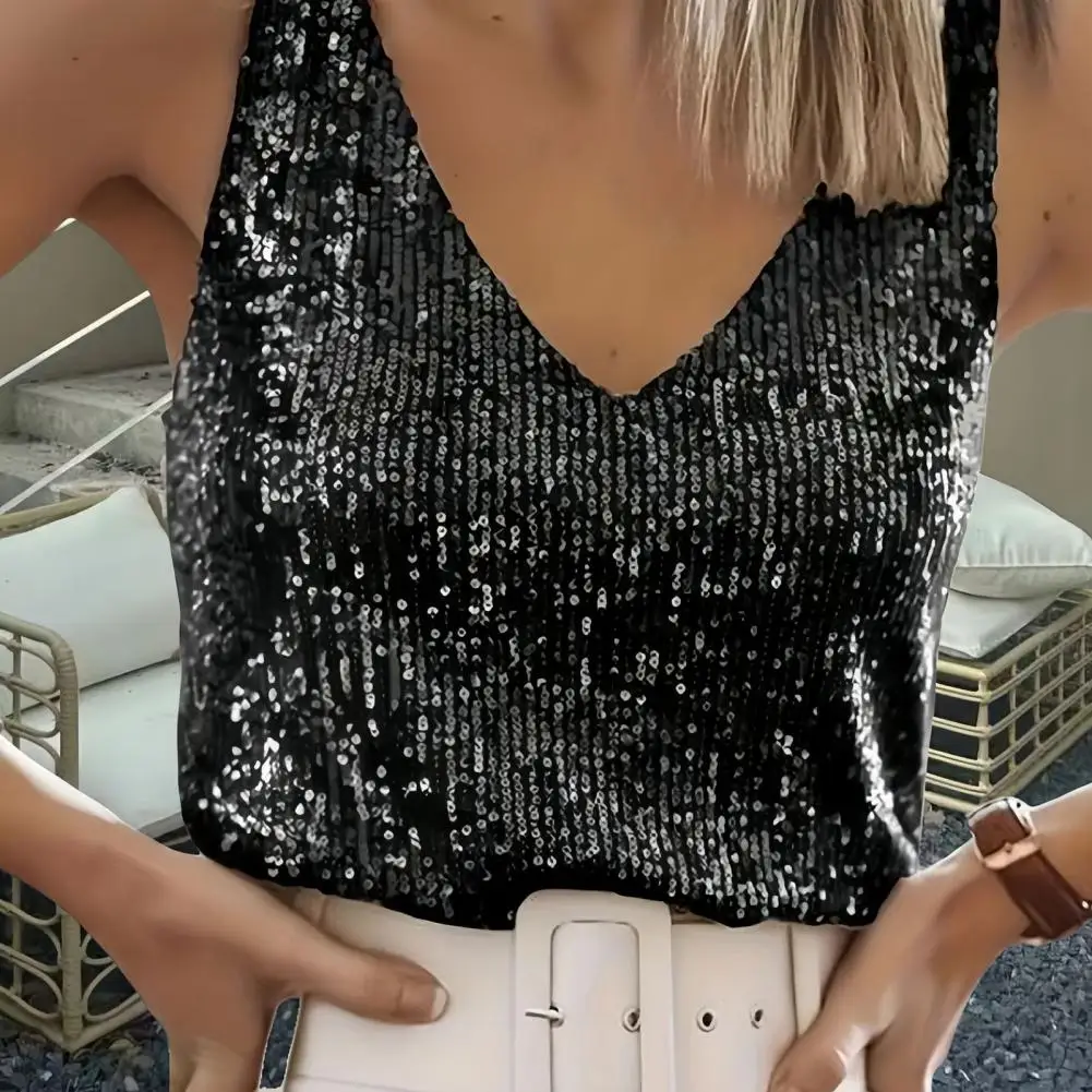 Tops Curve Enhancing Vest Women’s Shiny Sequin Vest Top Loose Fit V Neck Camisole Party Nightclub Stage Performance Shirt