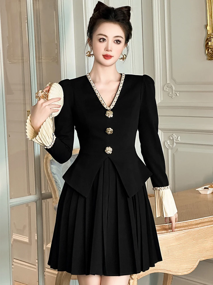 

Women Clothes Formal Occasion Black Fake 2-Piece V-Neck Slim Pleated Mini Short Dress Elegant Fashion Party Vestido Casual Sweet