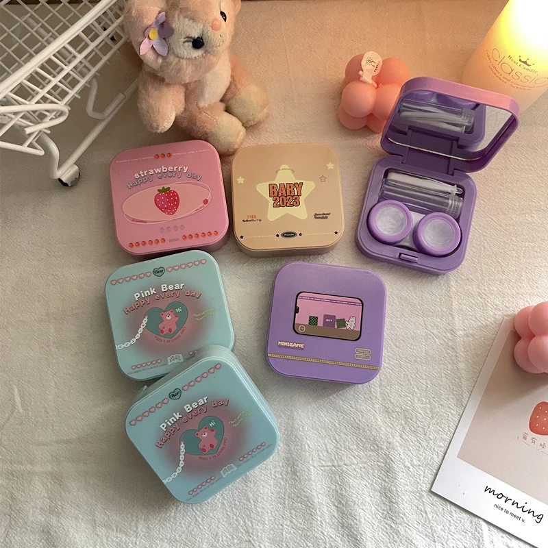 Cute Double Contact Lens Case With Mirror For Girls - Travel Portable Eye Lens Box With Tweezers And Solution Bottle