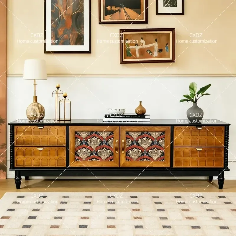 Medieval Solid Wood TV Cabinet Retro Style Living Room Storage Cabinet Double Color Matching Audio Visual Console Table