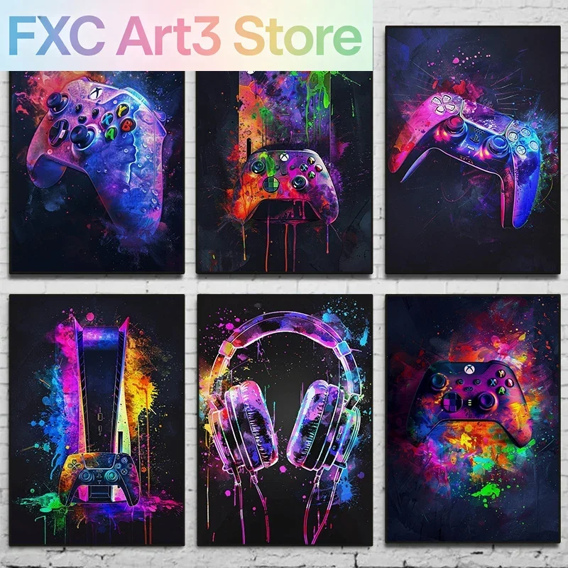 1 peça sem moldura, aquarela neon pôsteres de videogame xbox impressões gamepad fone de ouvido pintura em tela jogos arte de parede meninos sala de jogos hom