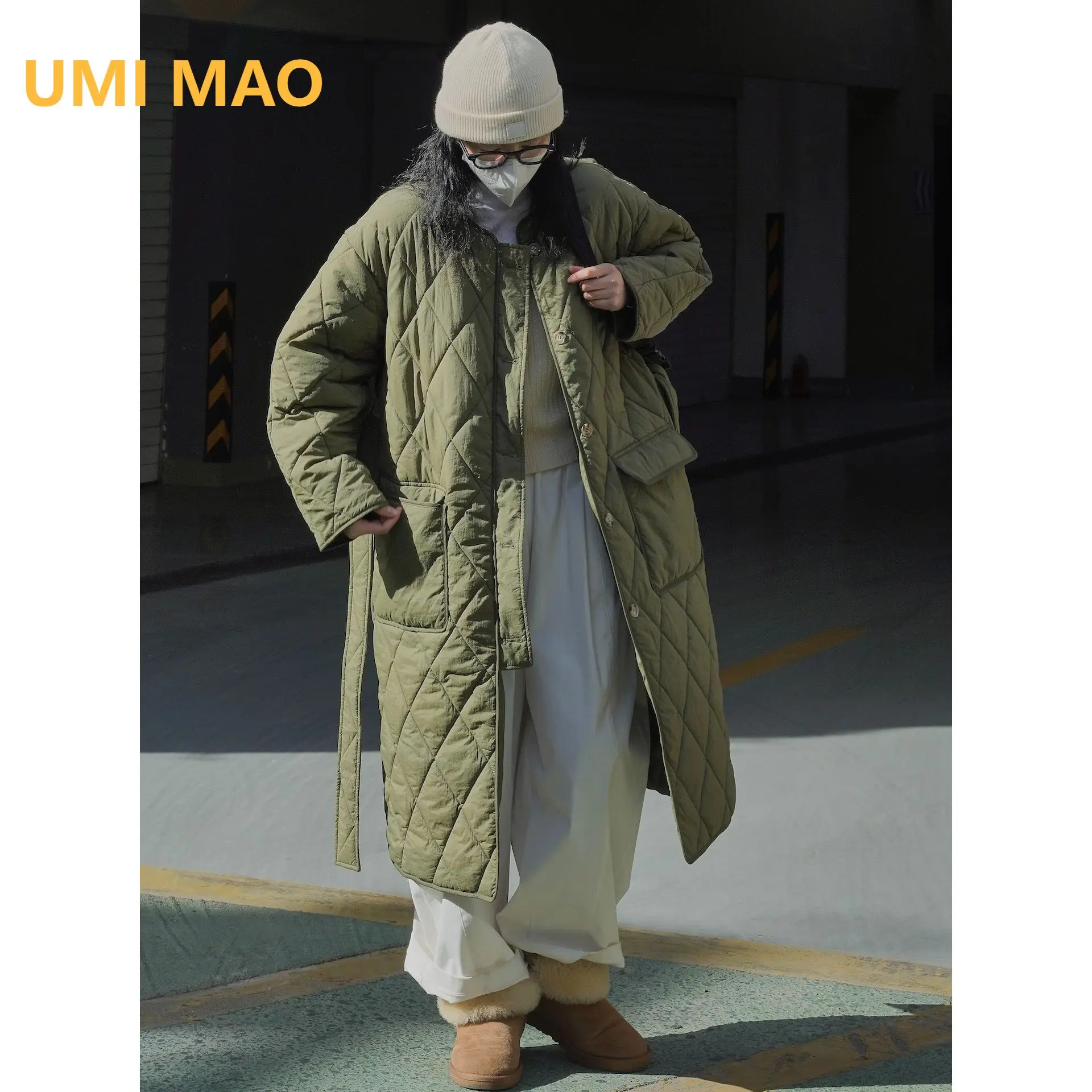 

UMI MAO Winter Jacket New Japanese Vintage Street Round Neck Checkered Cotton Loose Silhouette Warm Long Coat Women's Thick