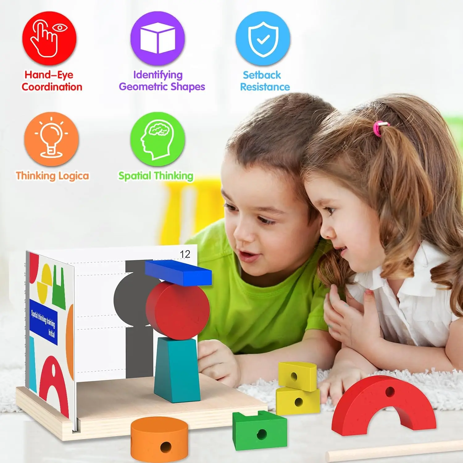 Wooden Building Blocks with 3D Stereo Projection Space, Improve Kids Multi-Angle Spatial Thinking Montessori Blocks for Toddlers