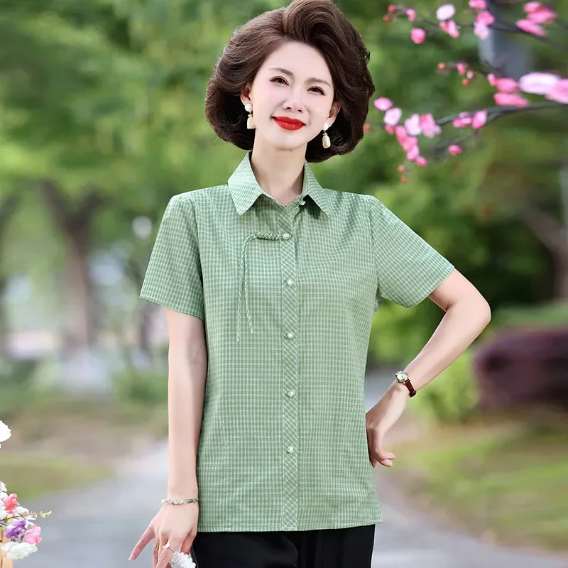 

Women's Green Gingham Short Sleeve Shirt Collared Button Front Blouse with Decorative Knot for Middle-aged Ladies