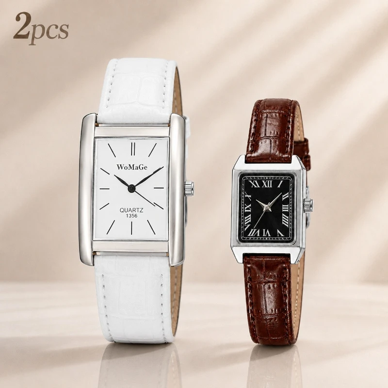 2Pcs Matching Couple Wristwatch Set Simple Retro Square Dial Leather Band Quartz Watches for Men Women Best Gift for Lovers