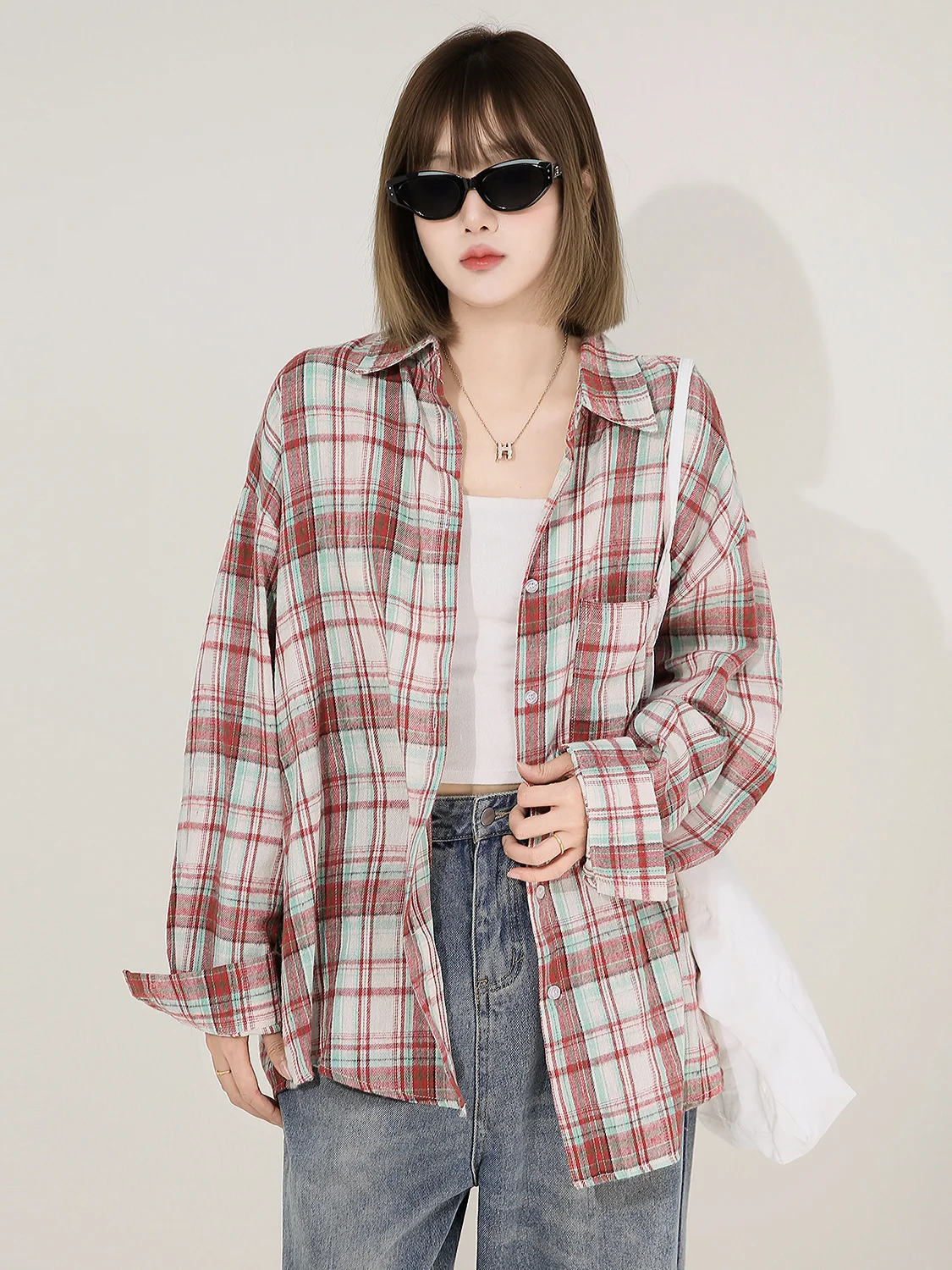 

Женское клетчатое пальто-жакет в корейском винтажном стиле, весна 2025, свободное, повседневное, с длинными рукавами, из смесового хлопка и полиэстера