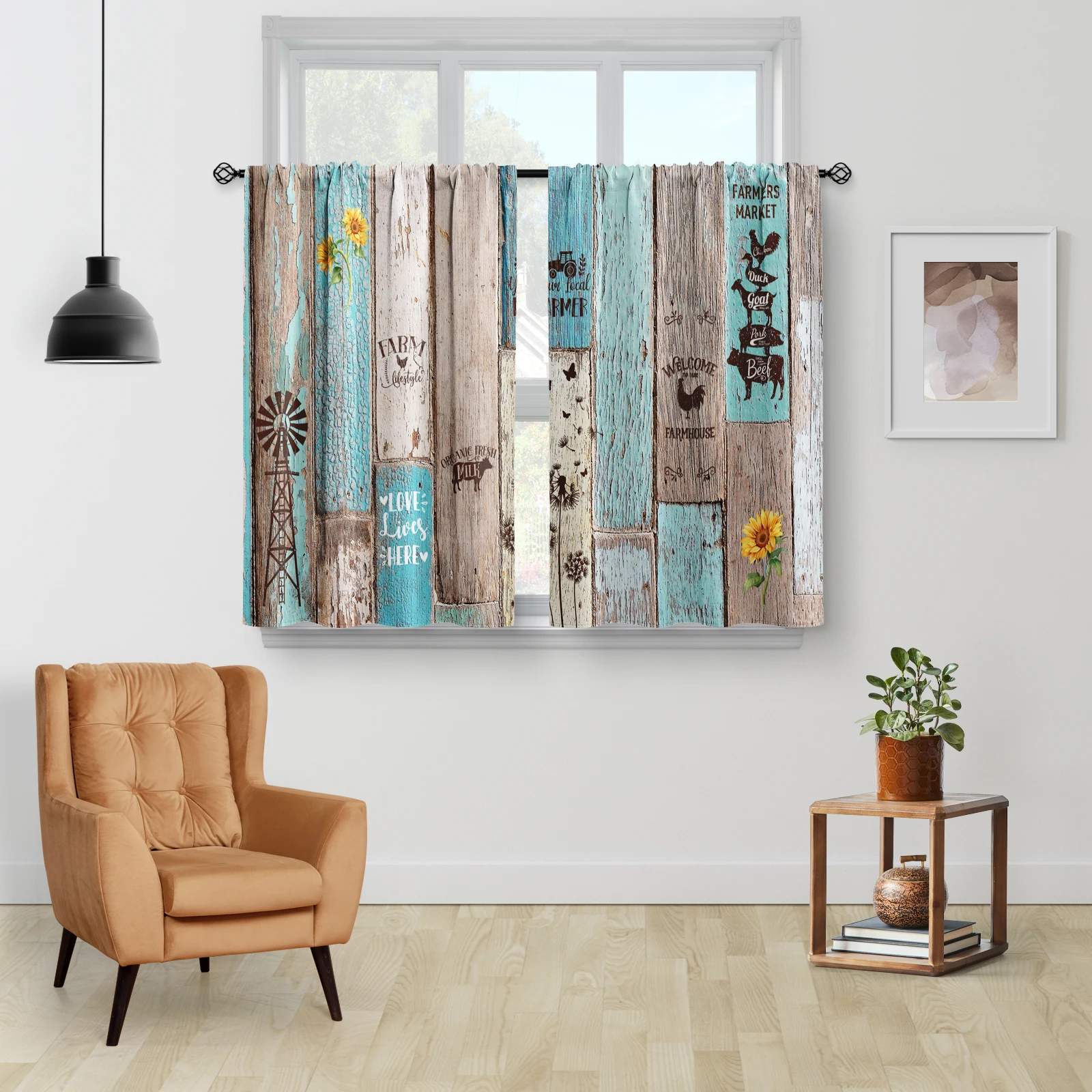 2 Panels Teal Wooden Kitchen Curtains, Country Floral Farm Rustic Vintage Wood Small Short Tier Curtains Retro Decor for Living