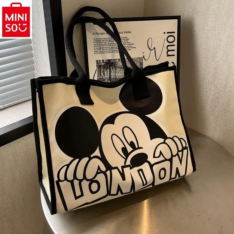 MINISO   Disney Cartoon Mickey Anime Handbag Women's Fashion and Leisure High Quality Canvas Large Capacity Storage Tote Bag