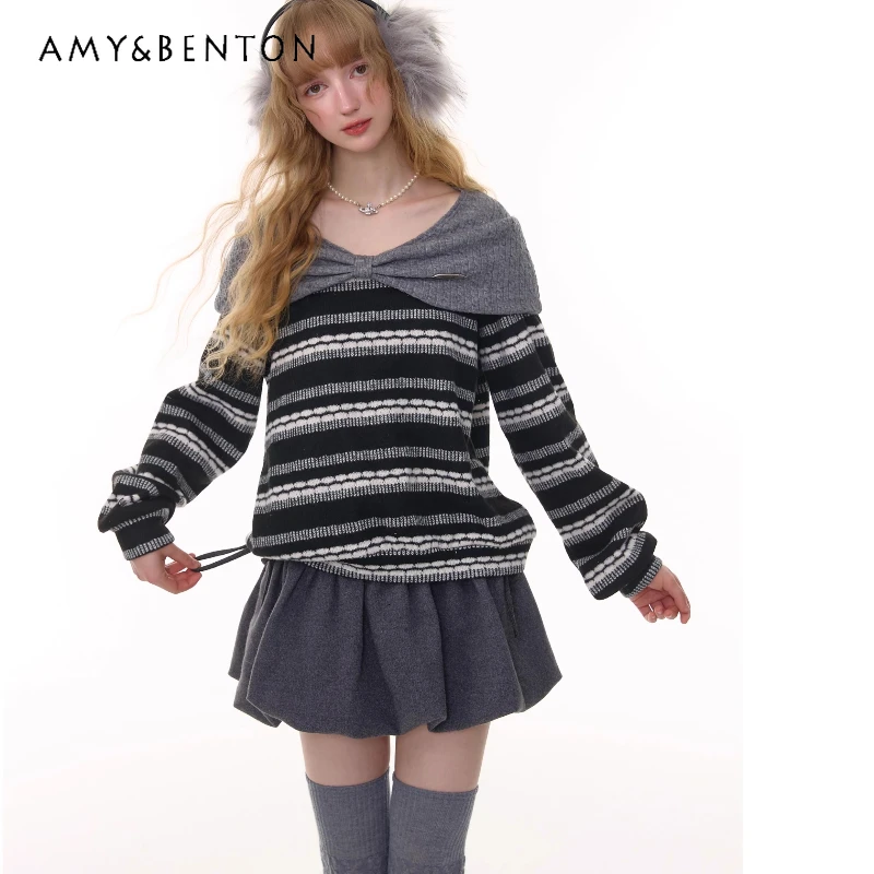 

American Retro Design Women's Clothing 2025 Autumn Winter New Three-Dimensional Bow Loose Slimming Top Knitted Sweaters Ladies