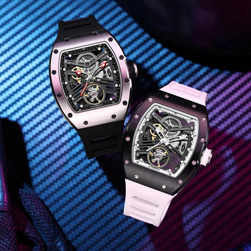 CHANCE JC-9-190G-13 Orologio automatico rettangolare da uomo di lusso Orologio da polso meccanico scheletrato di moda Orologio da uomo con zaffiro