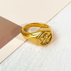 Angle Cupid Ring for Men Women Round Seal Gold Color Titanium Steel Accessories Vintage Charm Wedding Engagement Jewelry(GR295)