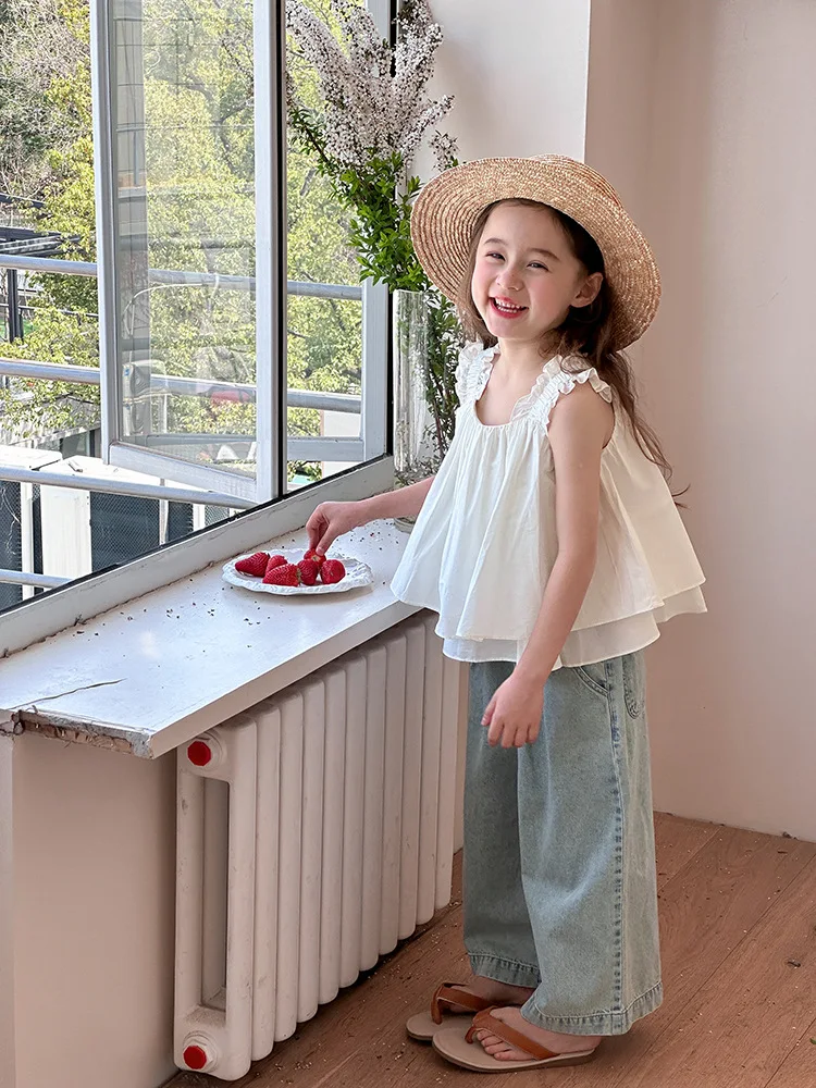 Camiseta coreana con tirantes de encaje para niñas, chaleco sin mangas para niños, Tops de verano, pantalones vaqueros blancos, azul sólido, 2024