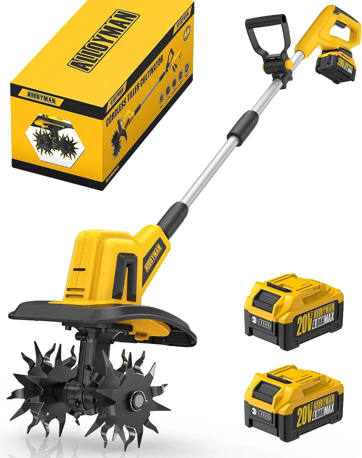 Cordless Garden Tiller Cultivator, 20V Electric Rototiller 360RPM with Two 4.0Ah Batteries and Charger, 9-Inch Tilling Width, 6.6-Inch Tilling Depth, for Lawn, Gardening and Soil Cultivation