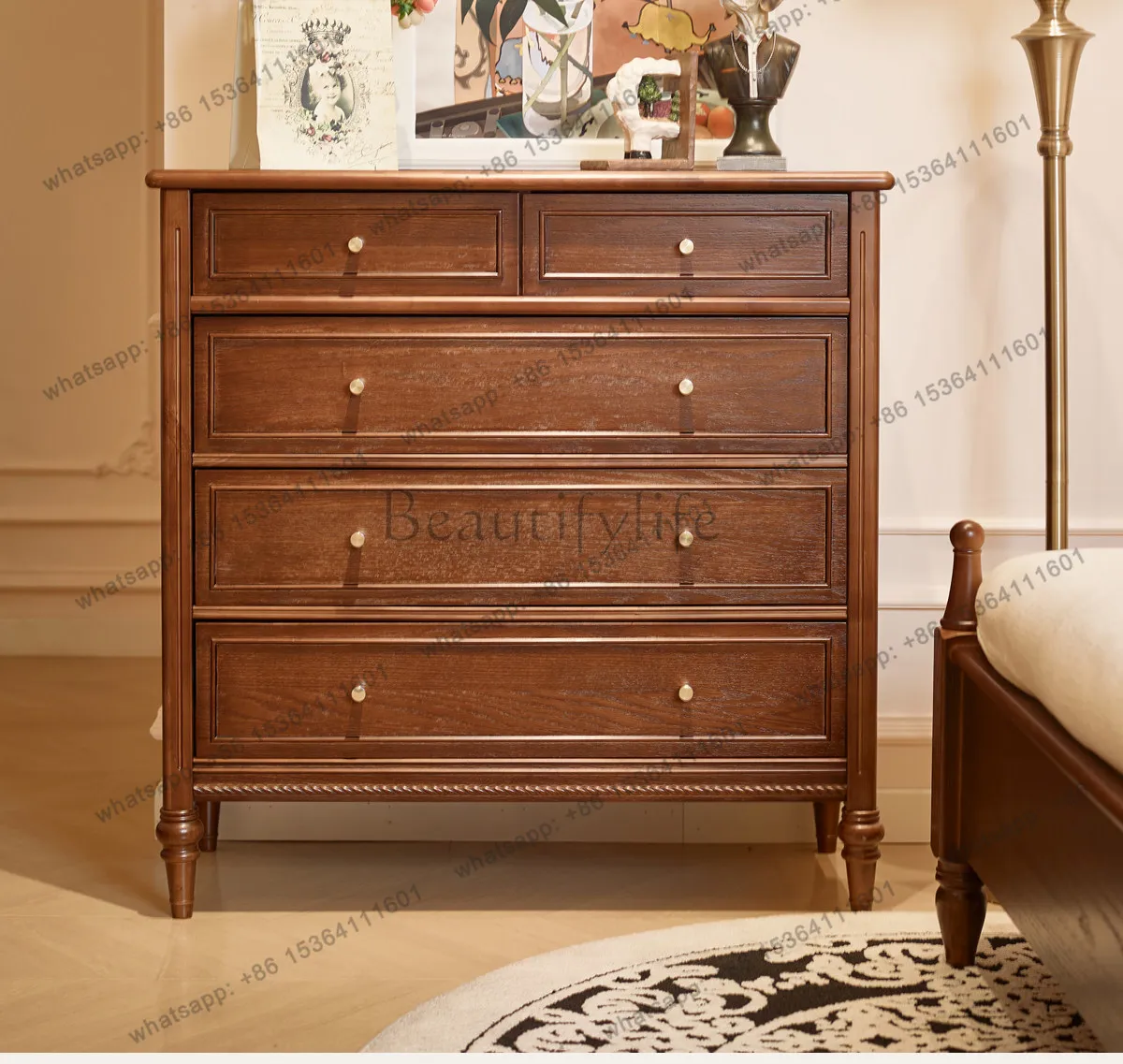 French retro style all-solid wood American simple chest of drawers storage cabinet