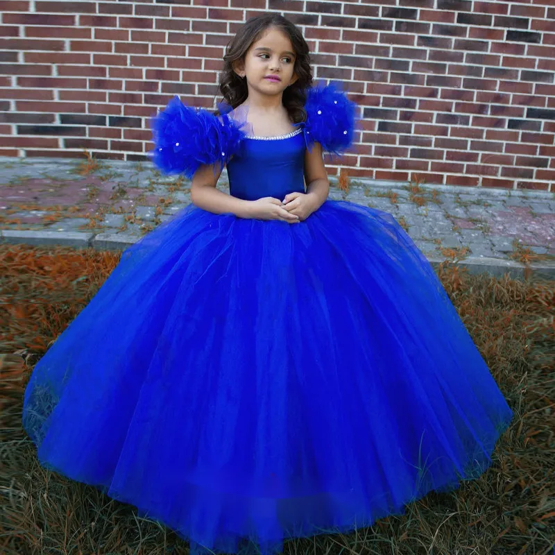 Abito da ballo blu Royal abito da ragazza di fiore abito da festa di nozze per bambini increspature perline costumi abito da prima comunità colore personalizzato