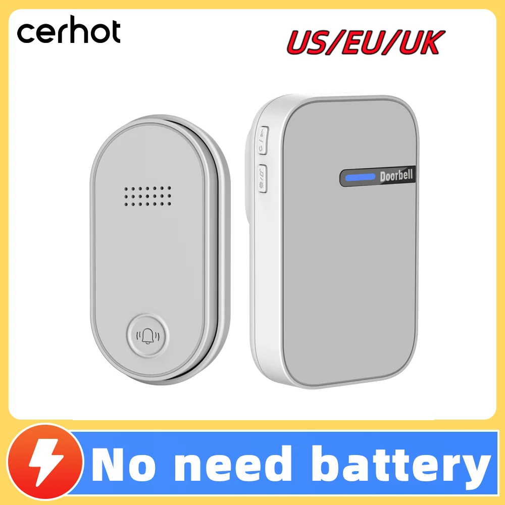 No Battery Self Powered Wireless Doorbell Remote Control US/UK/EU Plug 38 Song Outdoor Waterproof Kinetic Button Door Bell Set