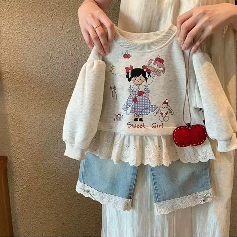 

Girls' Set Spring 2025 New Style Children's Elegant Lace Hoodie Baby Spring Fashion Jeans Two Piece Set 80-130CM