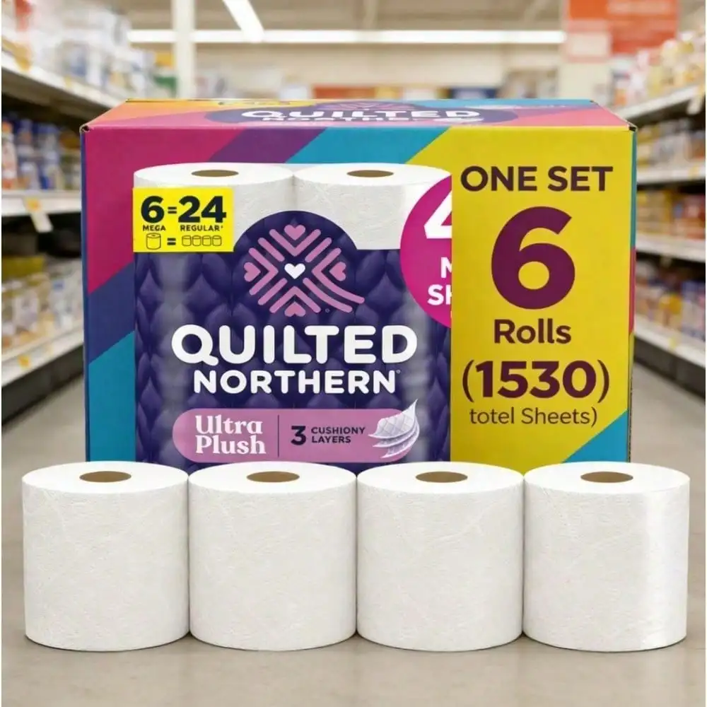 

Commercial-Size Pack 3X Thicker & More Absorbent Bath Tissue | Responsibly Sourced Ultra Soft Toilet Paper | Ultra Plush 3-Ply Toilet Paper |Quilted Northern Ultra Plush 3-Ply Toilet Paper, 6 Mega Rolls