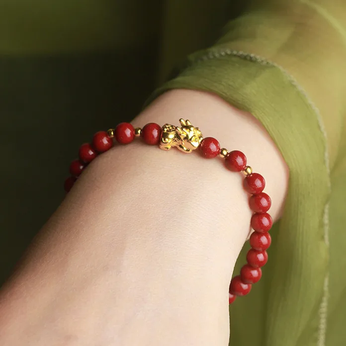 Natural Red Organic Cinnabar Jade Pixiu Bracelet Women Fine Jewelry Genuine Cinnabar Crystals Gold Pi Xiu Feng Shui Bracelets