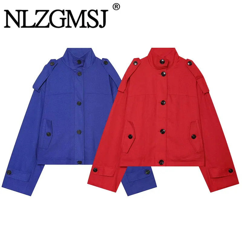 Nlzgmsj 2026 Women Red Stand Collar Stand Neck Shoulder Button Design  Jacket Long Sleeve Solid Color Casual  Coat Y2K