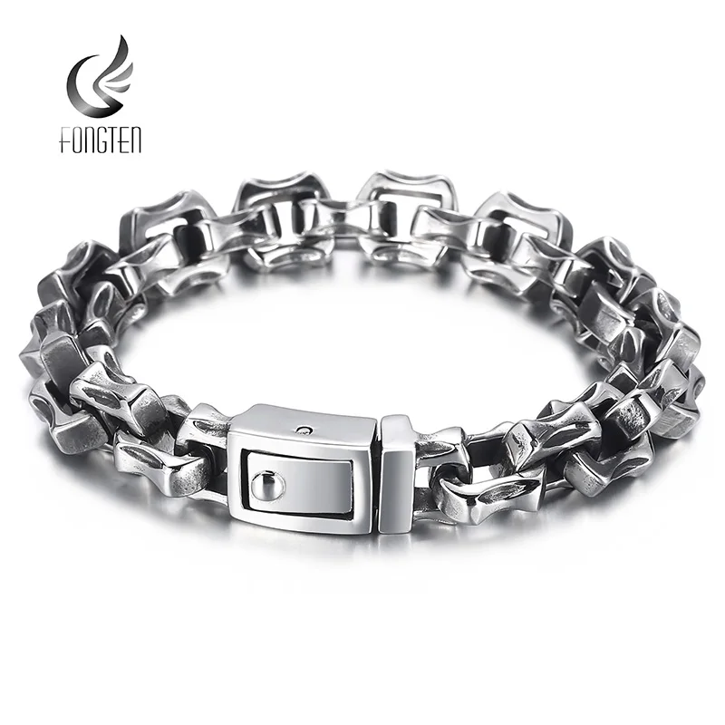 Fongten Box Chain Bracelets For Men Stainless Steel Charm Wristband Square Cross Bracelet Bangle Men Silver Color Jewelry