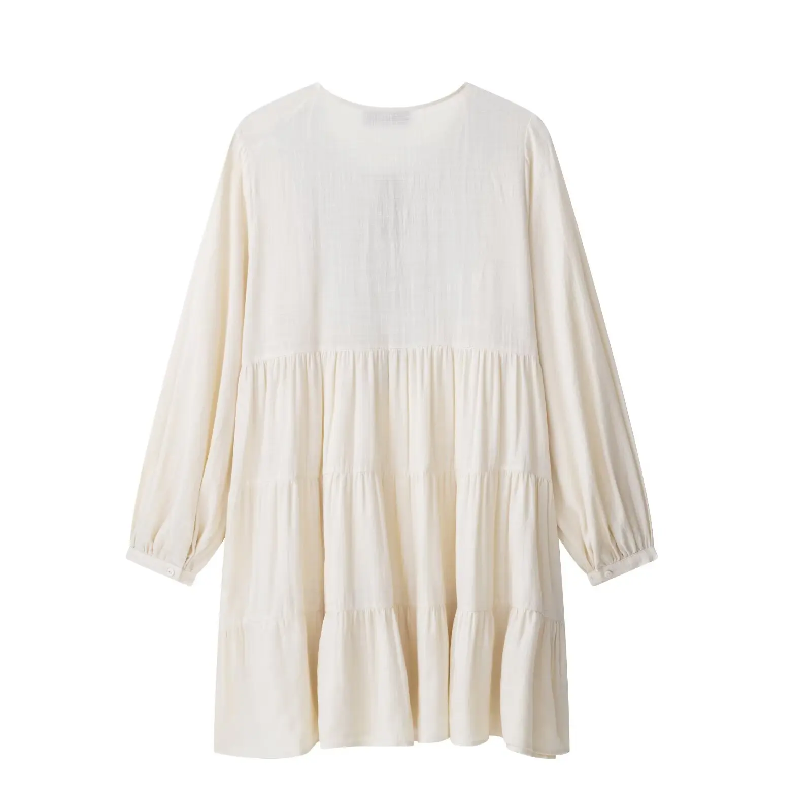 2025RARA صيف جديد للمرأة عادية بسيطة موضة الخامس الرقبة مطوي التطريز الربط فستان قصير بأكمام طويلة