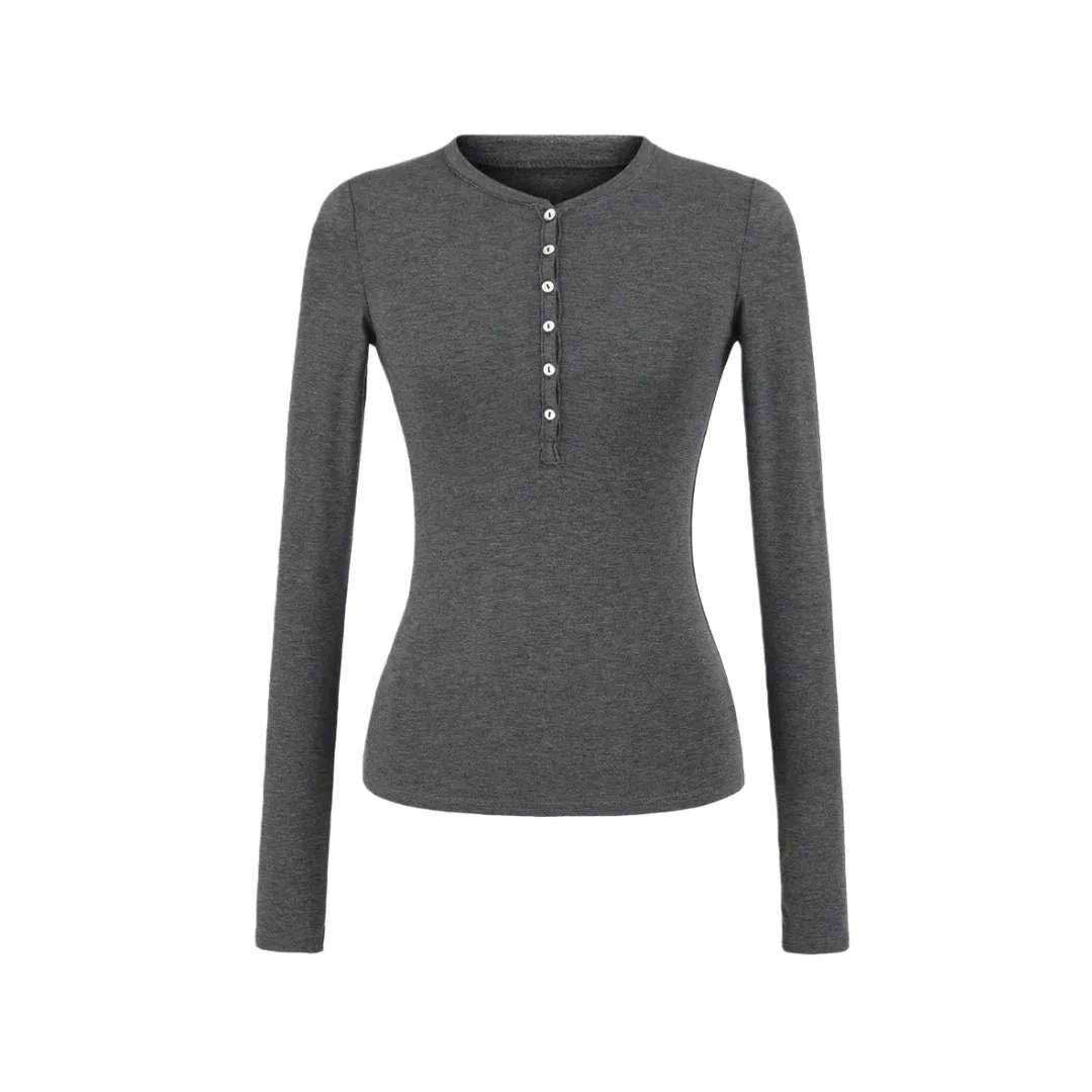 

Women Basic Long Sleeve Henry O Neck Long Sleeve Button Up Top Tee Tshirt