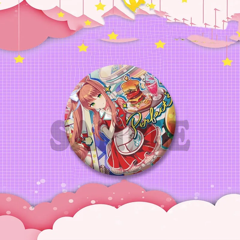 Niedliche Anime-Mädchen M-Monika Anstecknadel, Cartoon-Spielfigur, Cosplay-Abzeichen, Handgefertigte Runde Anstecknadeln für Rucksäcke, Kleidung, Schmuck, Geschenk – Detail 3