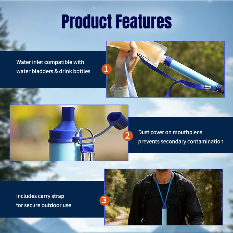 Filtro de agua portátil de supervivencia al aire libre, plástico ecológico, para acampar, senderismo, equipo de emergencia para beber directo