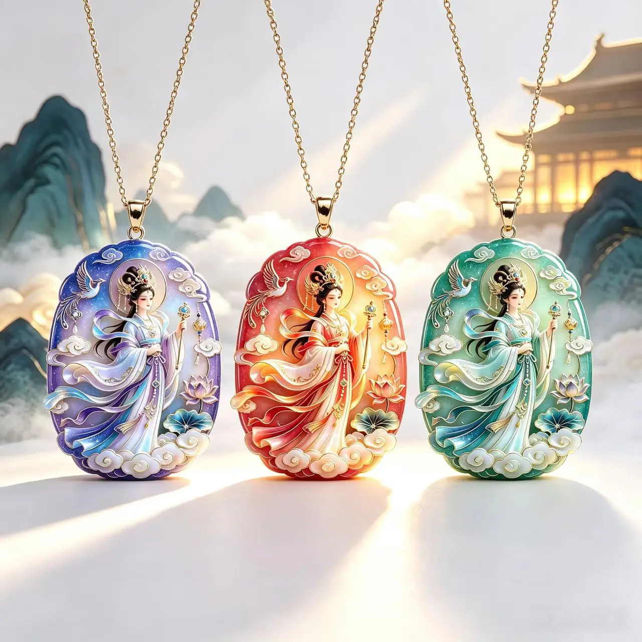 Women's Gold-Plated Nine-Tailed Fox Pendant Necklace Gradient Enamel Hollow Cloud Lucky Amulet Jewelry