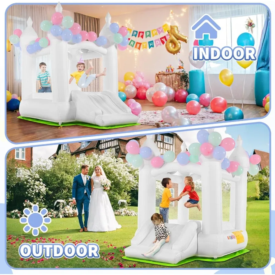 白いバウンスハウス、屋内外兼用、3～10歳向け幼児用バウンスハウス、スライド、フロアマット、風船、送風機付き、誕生日用
