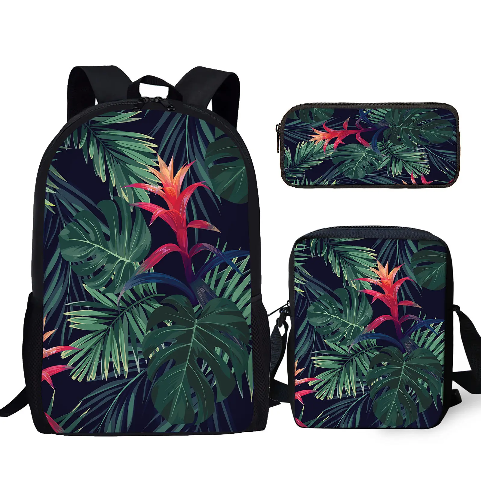 Hibiscus Palm Scalp Design Sac messager à fermeture éclair, sac grande capacité pour ordinateur portable pour jeunes, imprimé plantes tropicales, étui à crayons pour étudiants