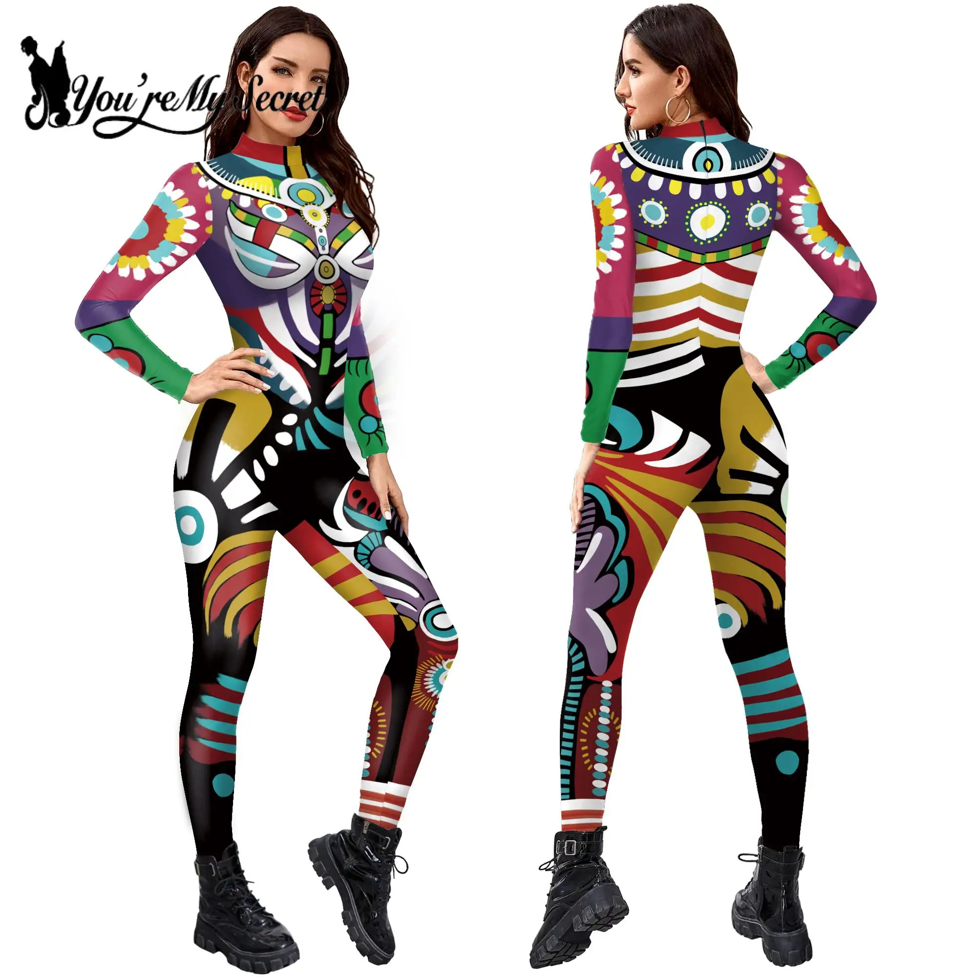 

[You're My Secret] Halloween Burning Man Festival Women Cosplay Costume Printed Retro Jumpsuit Catsuit Zentai Bodysuit